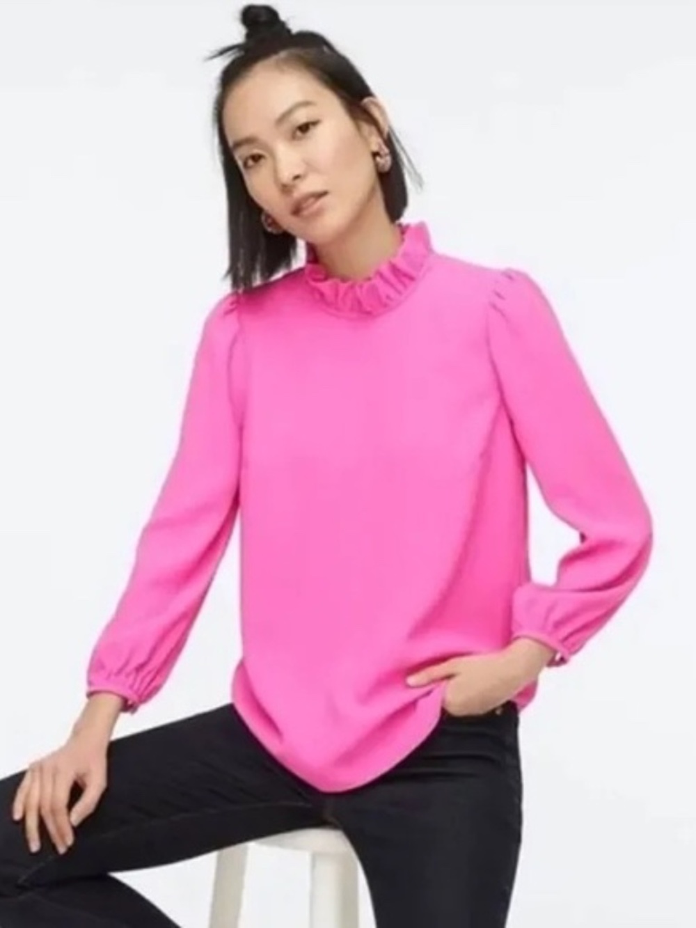 J. Crew Bright Pink Ruffle Neck Long-Sleeve Blouse
